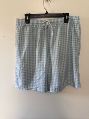 Light Blue Gingham Men's Swim Trunks with Drawstring Waist
